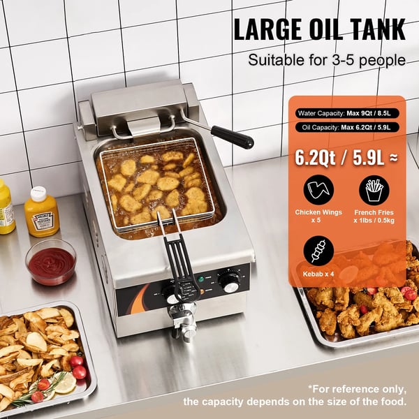 Frituregryde, oliekapacitet 6,2 qt, effekt 1750W, temperaturinterval 175°F til 390°F, CE-certificeret