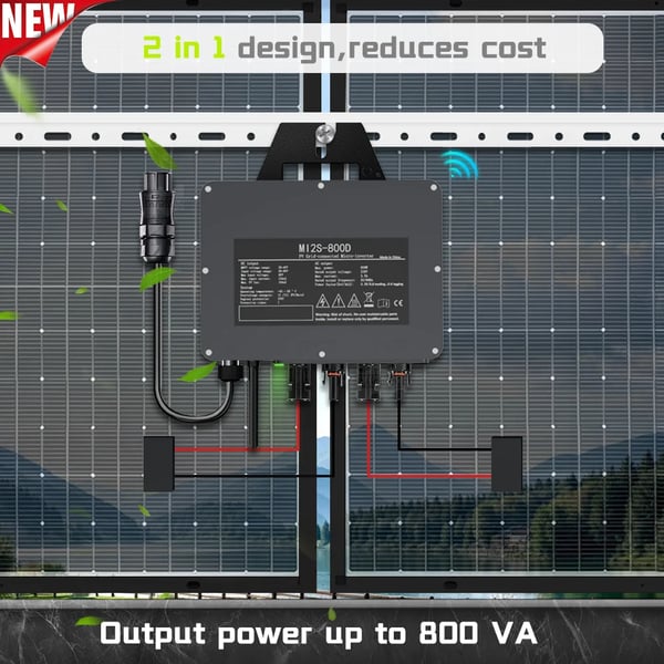 Aurinkoverkkoon liitettävä invertteri, 800W lähtöteho, IP67 suojaluokitus, Wi-Fi-yhteys,26-60V DC, 220V AC, 800W Muunnin