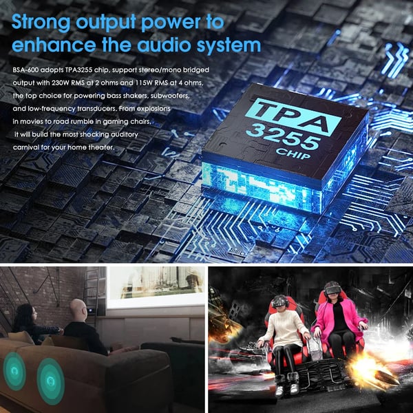 Bass Shaker Forstærker, 230W Effektvurdering, 2 Kanaler, Fungerer med Subwoofere, Kompakt Størrelse, CE Certificeret