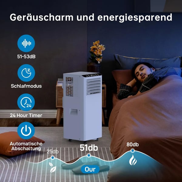 Mobil Airconditioner, 9000 BTU, Intelligent Søvnmode, Fjernbetjening,EU, HVID