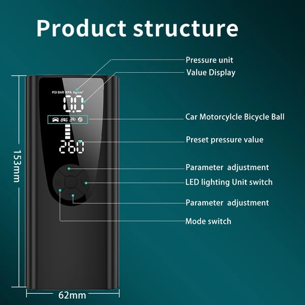 Bærbar oppustningspumpe, batterikapacitet 8000mAh, justerbart tryk op til 150 PSI, vægt 1,5 lbs, dimensioner 10 x 4 x 3 tommer, USB-C genopladelig
