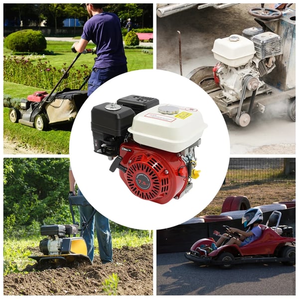 Bensiini moottori, 7,5 hv teho, kalteva yksisylinterinen, manuaalinen käynnistys, lyijytön polttoaine, kelluva kaasutin