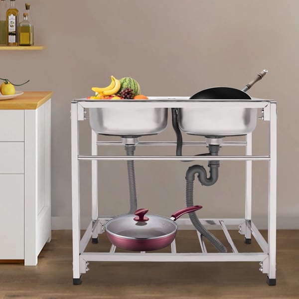 Kommersiel dobbeltvask, rustfrit stål 304, 32,7*17,3*30,3 tommer, belastningskapacitet 75 kg, justerbar højde 3 cm, vandhulsdiameter 3 cm