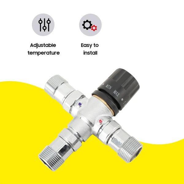 Termostatisk blandingsventil, zinkfri messing, temperaturinterval 15-70 °C, automatisk flowjustering, skoldbeskyttelse