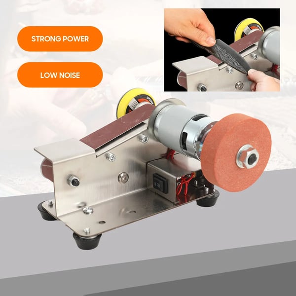Båndsliber, 220V Strøm, Justerbar Hastighed 500-1500 RPM, Kompakte Dimensioner 30,0x10,0x12,0 cm, Inkluderer 10 Slibebånd, Inkluderer 20 Sandpapirark