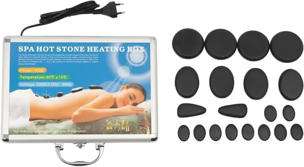 Hot Stone Massage Sæt, 18 Vulkaniske Sten, Opvarmningsboks Inkluderet,sort