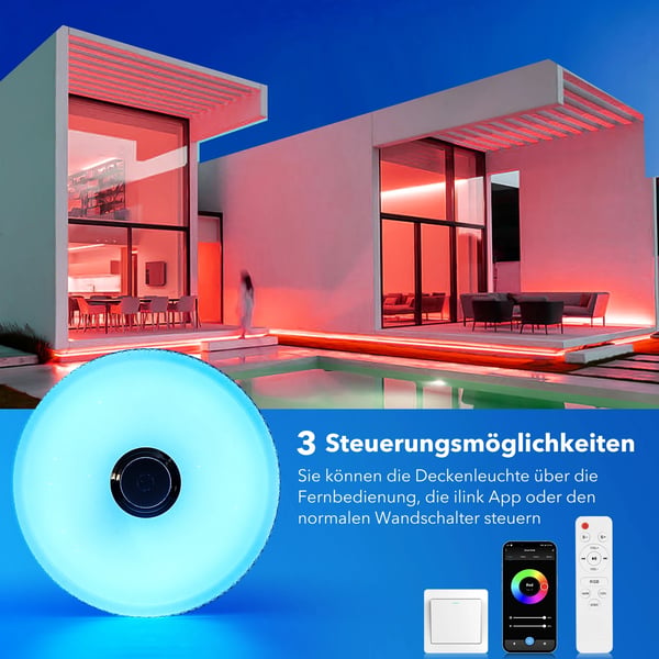 Loftlampe, Bluetooth-højttaler, RGB-farveskift,60W