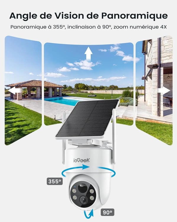 Udendørs WiFi Overvågningskamera, 3 MP Opløsning, 360° Synsvinkel, 4x Digital Zoom, Genopladeligt Batteri, Farve Natvision