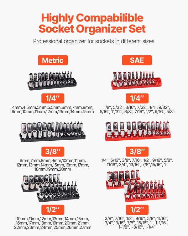 Stikdåseorganisator, holder op til 176 stikdåser, kompatibel med metriske og SAE,8PCS