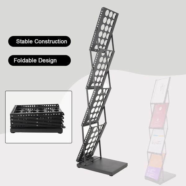 Brochure Stander, Jernkonstruktion, 4 Displayhylder, Foldbart Design, 140 x 40 x 28 cm, Ideel til Udstillinger