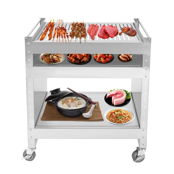 Rustfrit Stål Grillvogn, Justerbare Hylder, 4 Låselige Hjul, Rummelig Design,Sølv