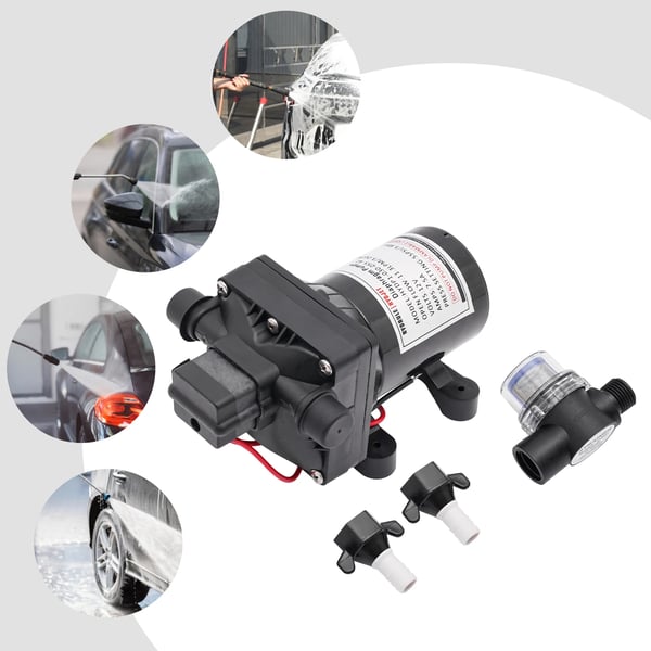 Vandpumpe, 12V, 3,0 GPM flowrate, 55 PSI maks. tryk, dimensioner 21,2 x 12,45 x 10,975 cm, støjniveau 60 dB