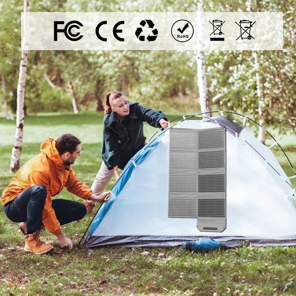 Solpanel, 80W maksimal effekt, 23% konverteringseffektivitet, foldede dimensioner 12,5 x 9,6 x 2,5 tommer, USB-C udgang 5/9/12/15V 3A