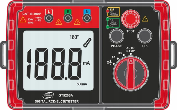 RCD Tester, Holdbart Plastik, 6,5 x 3 x 2 tommer, Kompatibel med RCD Afbrydere, Måler Reaktionstid, Certificeret CAT III 300V
