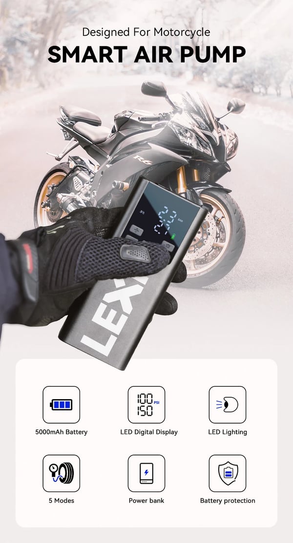 Lexin P5 Smart Air Pump, 150 PSI Hurtig Oppumpning, 5000 mAh Batteri, LED Lys og LCD Skærm