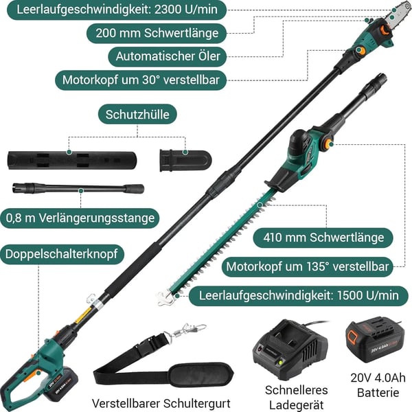 Hækkeklipper, 20V Batteri, 4000 mAh Kapacitet, Skærelængde 17 cm, Maksimal Skærediameter 16 mm, Justerbart Håndtag & Hovedvinkler