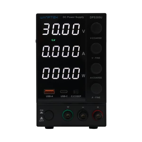 DC Strømforsyning, 30V, 10A, Dobbelt USB-porte, Automatisk CV/CC Skift, 4-cifret LED Display