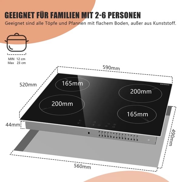 Keramisk kogeplade, 60 cm, 6000 W, Fire brændere, Touch kontrol, 220V