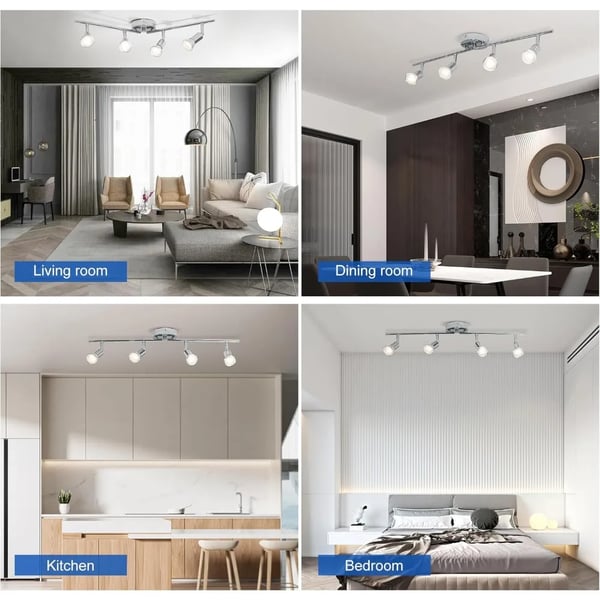Loftlampe, 4-lys skinnesystem, LED spotlys,Krom, Ingen pære