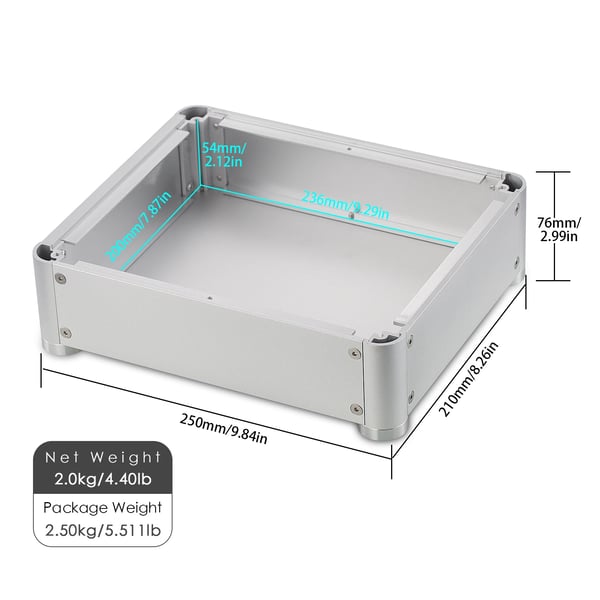 Forstærker Kasse, Eksterne Dimensioner 210mm x 250mm x 76mm, Interne Dimensioner 200mm x 236mm x 54mm, Tykkelse 8mm Front, Nettovægt 2.0kg