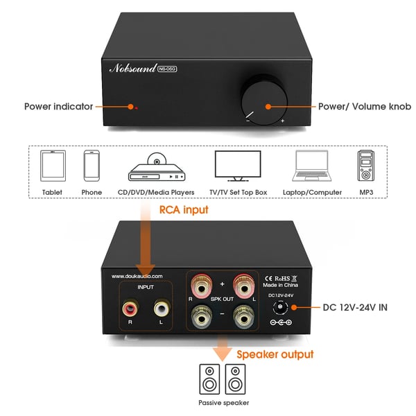 Digital forstærker, 60W pr. kanal, RCA-indgang, 2.0 kanaler, kompakt design, effektiv strømforsyning