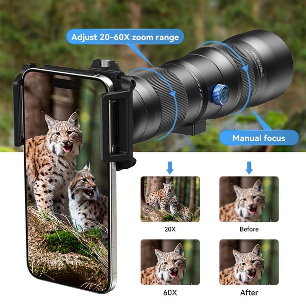 Telefoto Zoom Objektiv, 20x-60x Forstørrelse, Inkluderer Metal Stativ,20 60x zoom objektiv