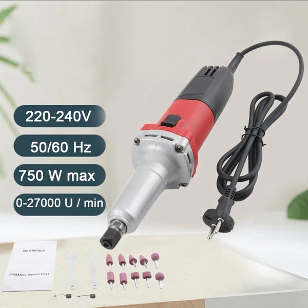Elektrisk Dødsgrinder, 750 W, Variabel Hastighed op til 27000 RPM, Collet Chuck Diameter φ6mm, Tilbehørssæt Inkluderer 14 Stykker, Vejer 2,2 kg