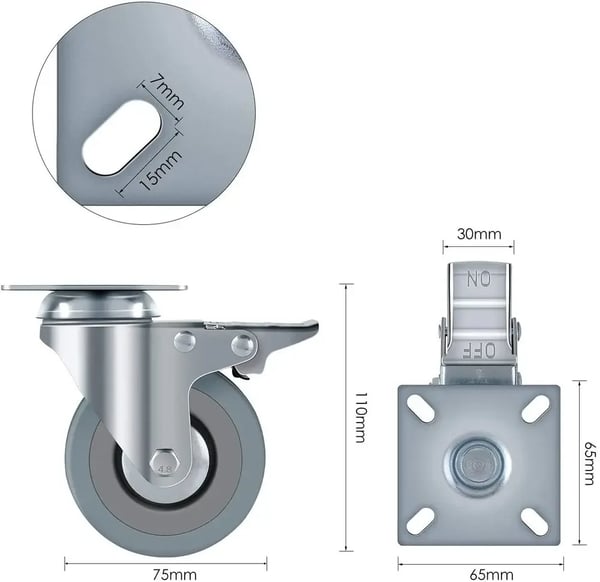 Transportruller, Gummihjul, Diameter 75 mm, Belastningsevne 50 kg pr. hjul, Total højde 100 mm, Pladestørrelse 65 x 65 mm