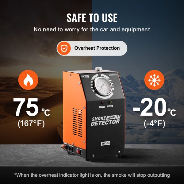 Røgmaskine Lækagedetektor, Driftstemperatur -20°C til 75°C, Spænding DC12V, Udgiftstrykområde 19 - 23 PSI, Udgiftsflowhastighed 8 L/min