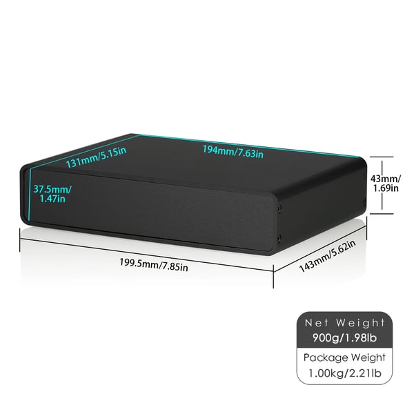 Forstærkerchassis, Aluminiumlegering, Eksterne dimensioner 200×143×43mm, Interne dimensioner 194×131×37.5mm, Nettovægt 1.0kg / 2.21lb