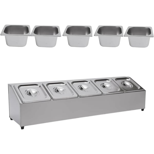 Pizza Topping Station, Rustfrit Stål Konstruktion, Inkluderer 5 Pander med Låg, Ideel til Catering