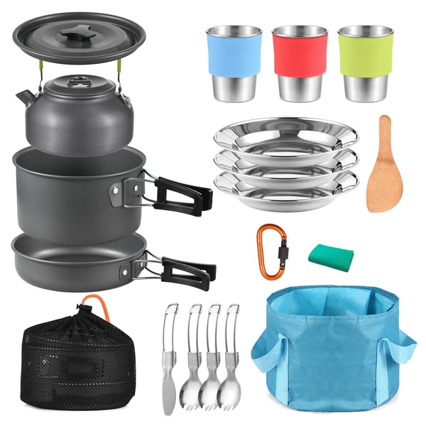 Camping Grydesæt, Højkvalitets aluminium, Gryde 3L, Pande 2L, Letvægts og bærbar, Miljøvenlige materialer