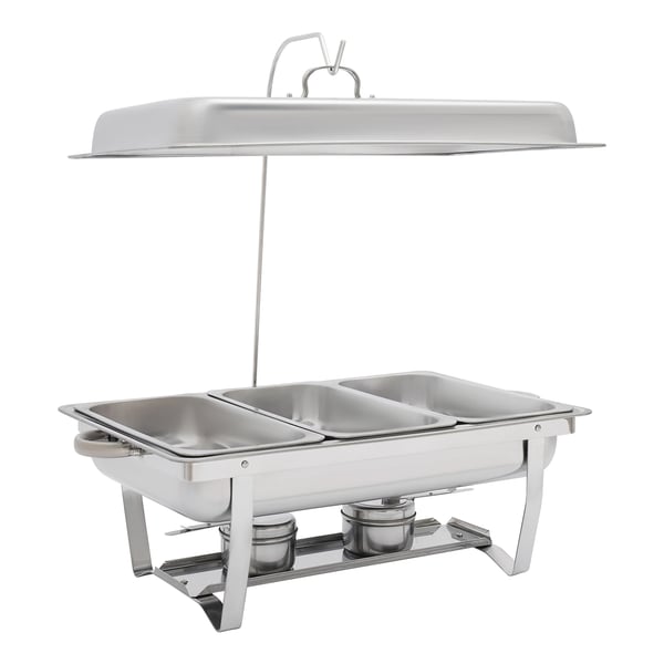 Chafing Dish, 410 rustfrit stål, 56 x 35,5 x 7,5 cm, 3 madpander, 3L kapacitet pr. pande, rektangulær form