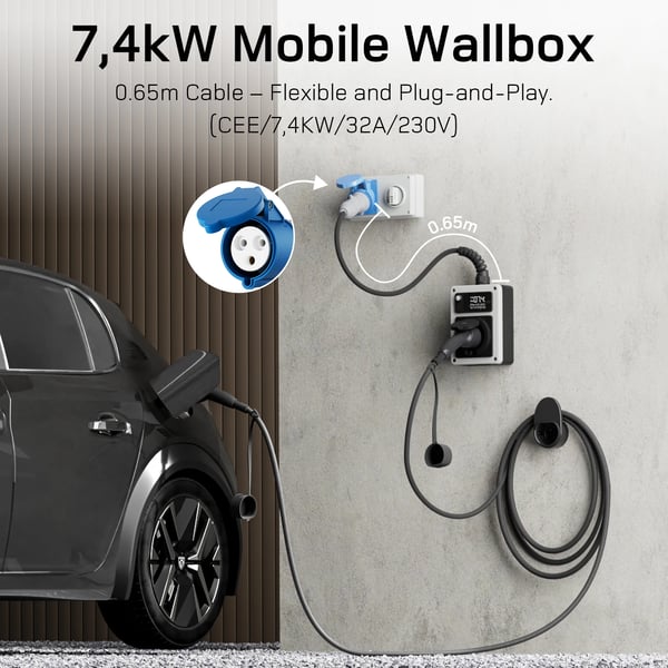 EV Mobile Wallbox, 7.4kW Effekt, Bærbart Design,7.4kW CEE stik, TYPE2