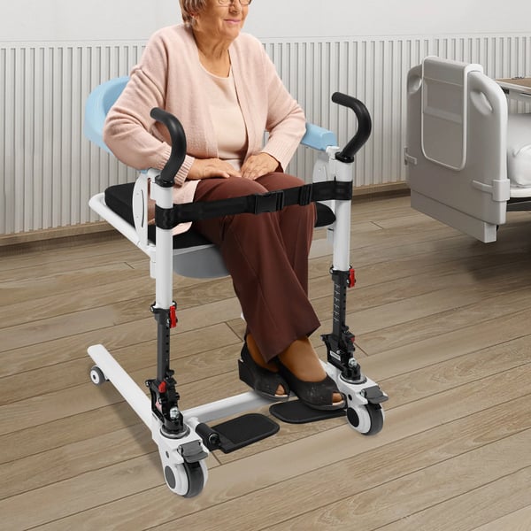 Patientløftestol, 4 hjul, 180° splitdesign, justerbar højde,Blå