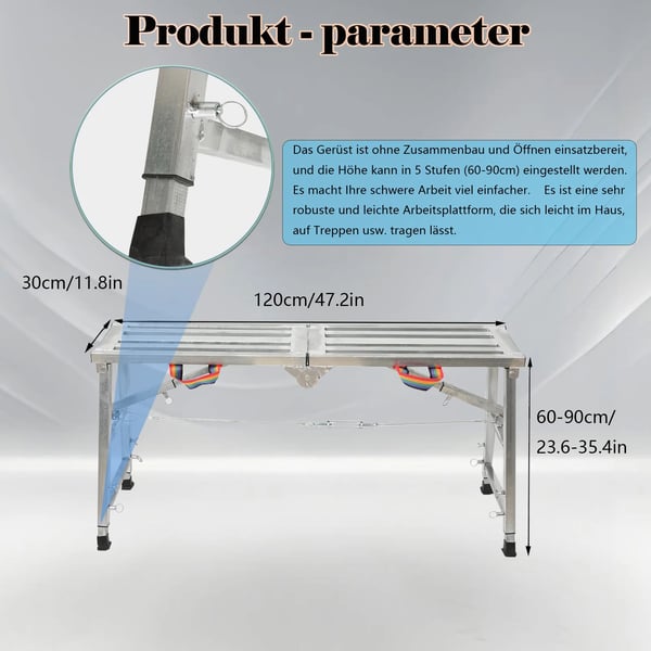 Foldbar stilladsplatform, justerbar højde 60 cm til 90 cm, maksimal belastning 200 kg, forstærket rørkonstruktion, skridsikre fødder