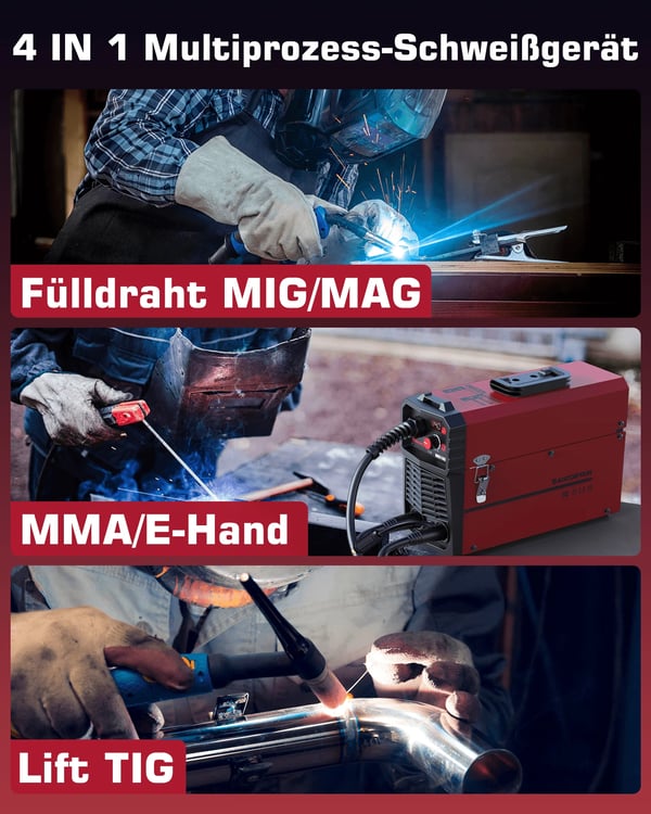 MIG svejsemaskine, 4-i-1 funktionalitet, 8,4 kg vægt, 13,7 x 5,3 x 9,45 tommer dimensioner, EU stiktype, CE certificeret