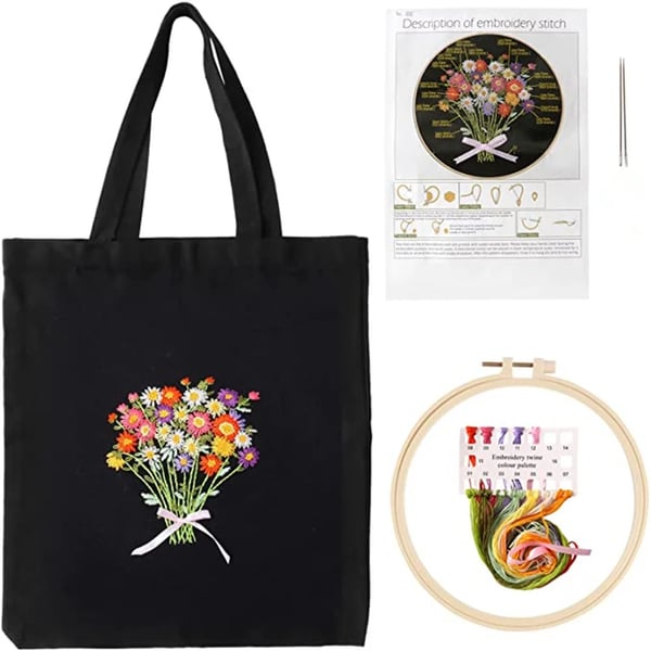 Canvas Tote Bag Broderi Sæt, 3 Pak, Bomulds Materiale, Taske Størrelse 34 x 40 cm, Ramme Størrelse 20 x 20 cm, Tegneserie/Plante Mønstre