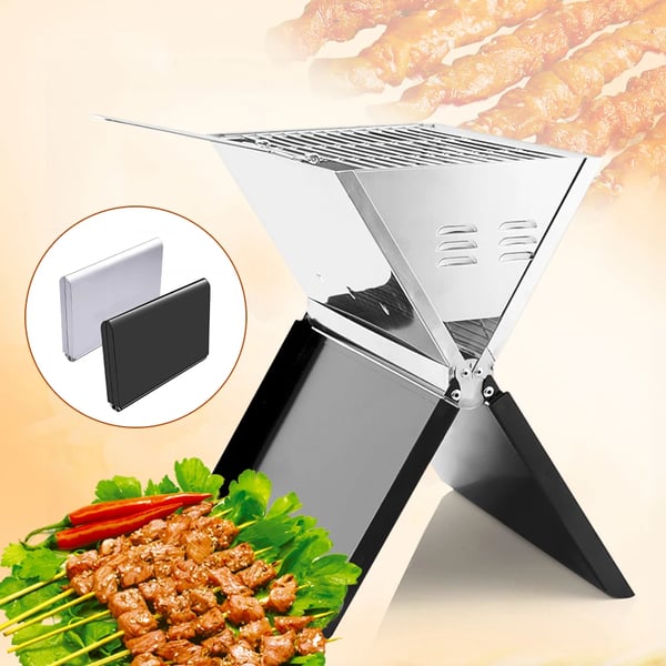 Käytettävä BBQ-grilli, 410 ruostumatonta terästä, hiilimuoto, taitettu koko 36,5x25,5x4,5 cm, sopii 3-5 hengelle, grilliritilän koko 36x24 cm
