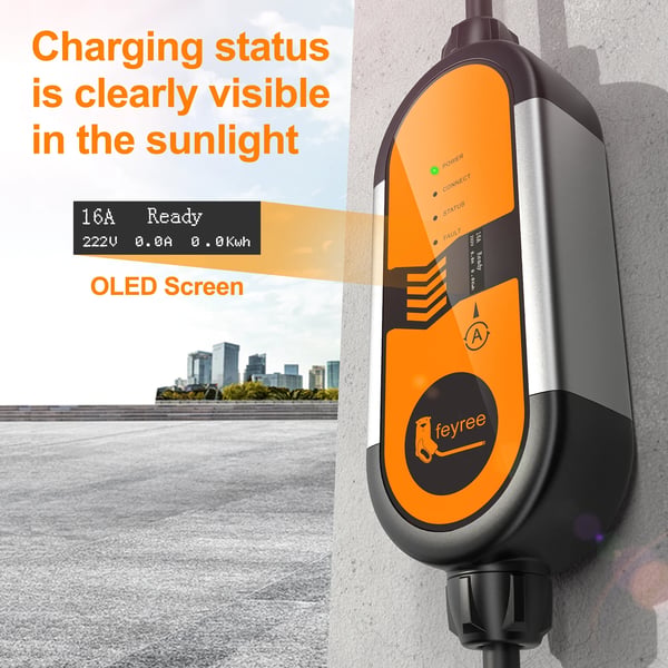 Bærbar EV-lader, justerbar strøm 8A-16A, IP65 vandtæt,Type2 16A 3.5KW
