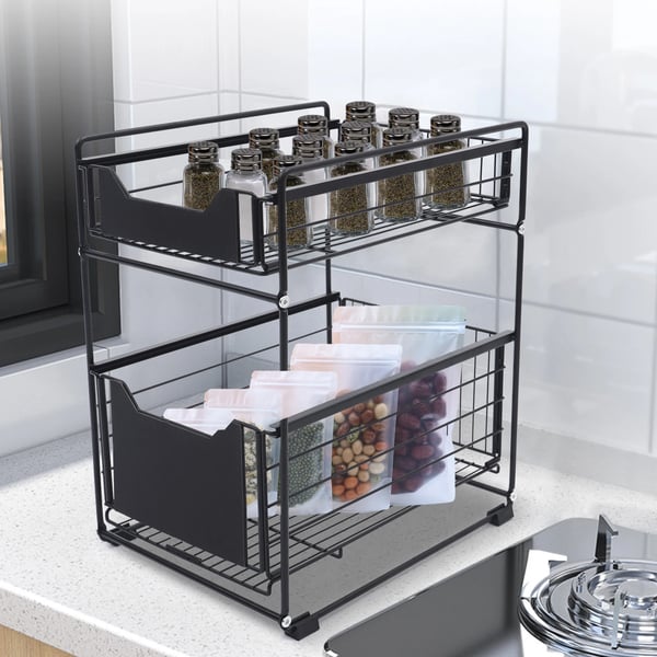 Opbevaringsreol, Dobbelt-Tiers Design, Pladsbesparende Organizer,sort