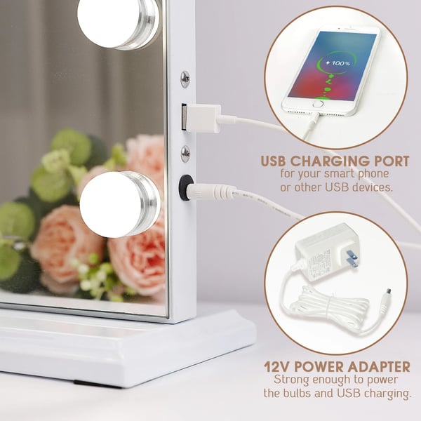 Makeup Spejl, 18 LED Pærer, 3 Farve Lysindstillinger,HVID