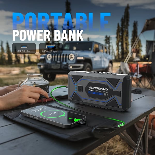 Jump Starter, 6500A Peak Strøm, Kompatibel med 6.0L Benzinmotorer, 150PSI Luftpumpe, Vandtæt Design, Taktisk LED Belysning