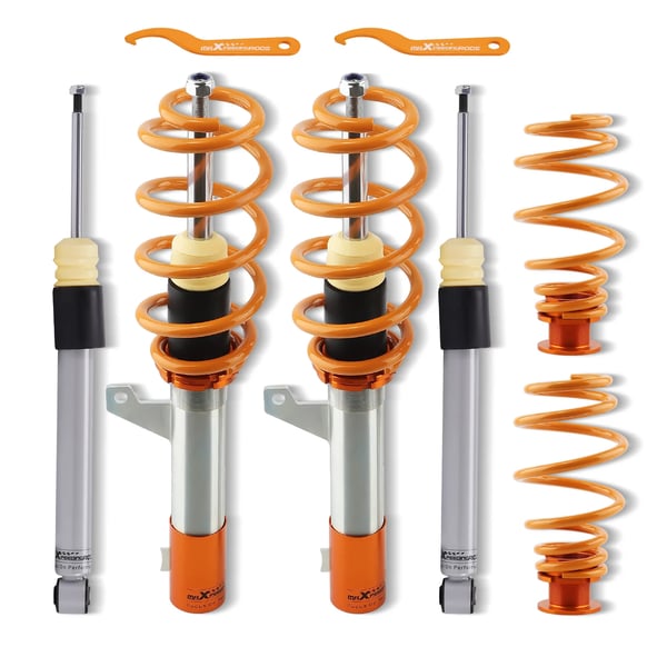 Iskunvaimennin Coilover -kokoonpano, säädettävä korkeus 30 mm, etujousen kovuus 5 kg/mm, takajousen kovuus 3,5 kg/mm, kaksiputkinen rakenne