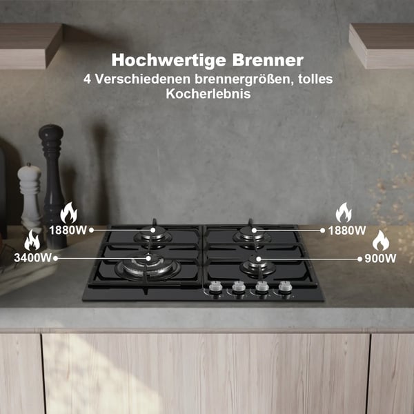 Gasblus, 4 brændere, automatisk flammeafbrydelse,Sort