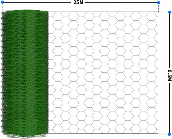 Havehegn Trådnet, 0,5m Højde, 25m Længde, 25mm Netbredde, PVC Belagt, Fleksibelt Design