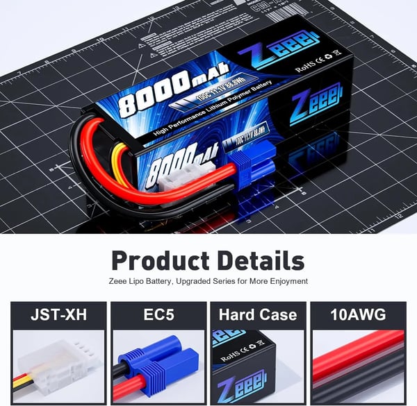 Zeee Lipo-batteri, 8000mAh kapacitet, 100C afladningsrate,3S 100C 8000 EC5