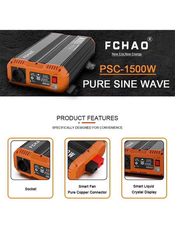 Puhdas sinimuotoinen invertteri, kauko-ohjaus, 1500w-12v