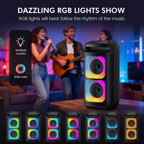 Karaoke Maskine, Dobbelt 8" Subwoofere, Bluetooth 5.3, Brugervenlige Kontroller, USB-A og TF Kort Support, Kompatibel med iOS og Android