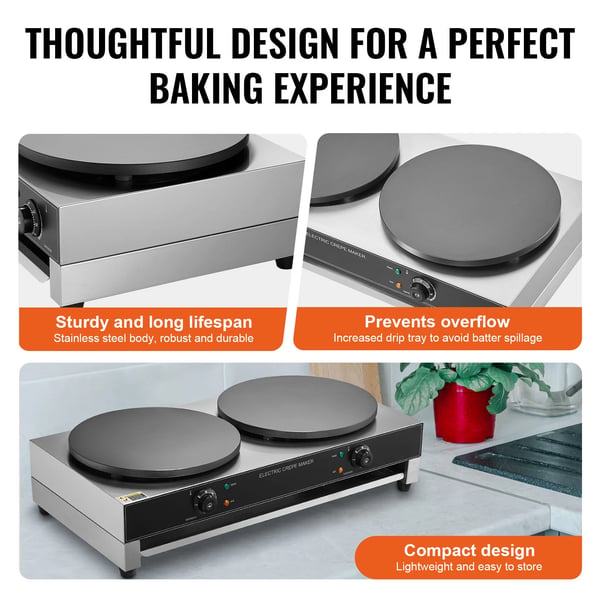 Elektrisk Crepe Maker, Dobbelt Temperaturkontrol, Non-Stick Overflade,34x20tommer
